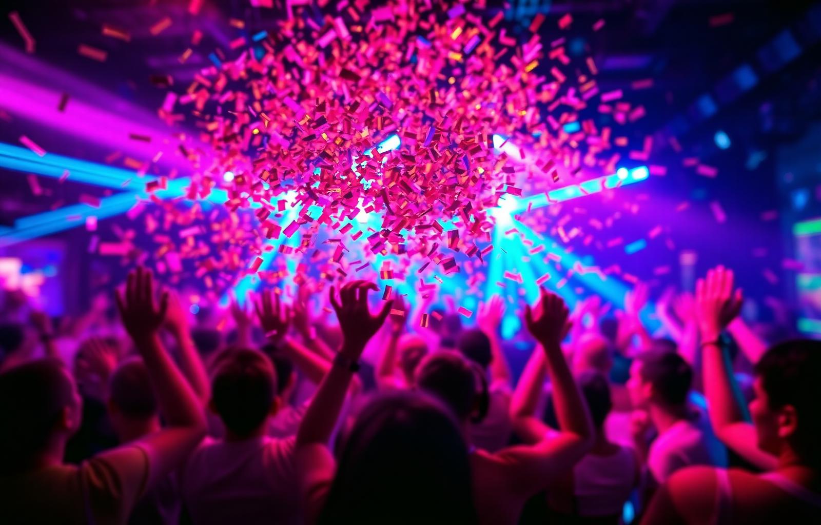 Confetti exploding over a dance floor with colorful party lights